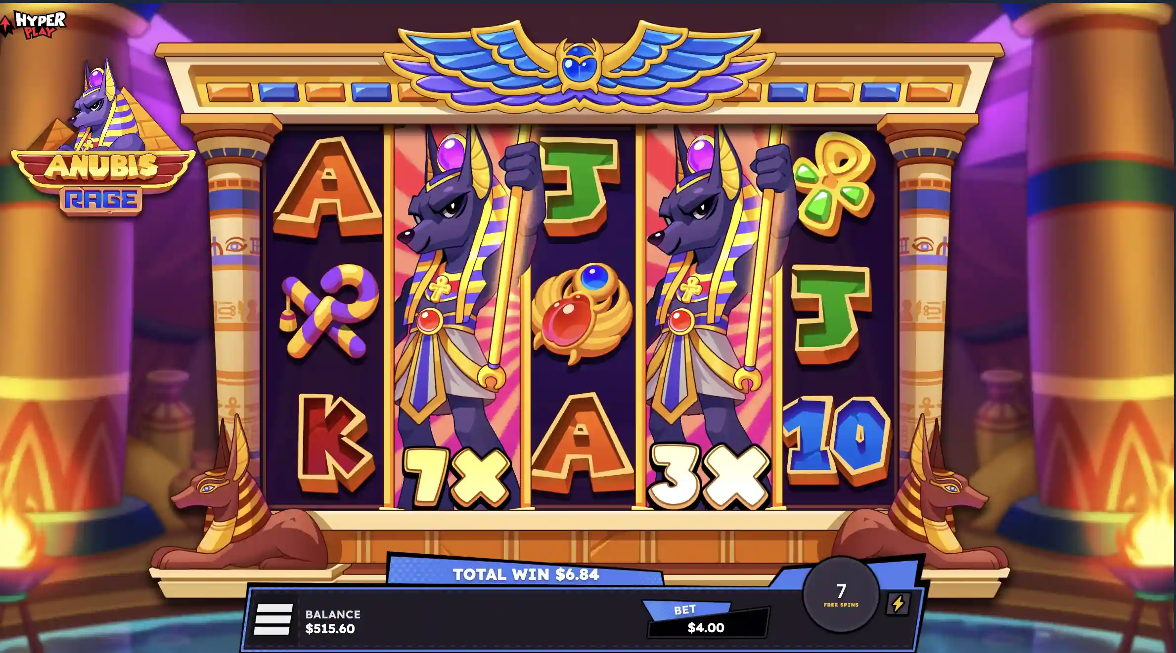 Two Anubis portraits during free spins, 1x and 3x