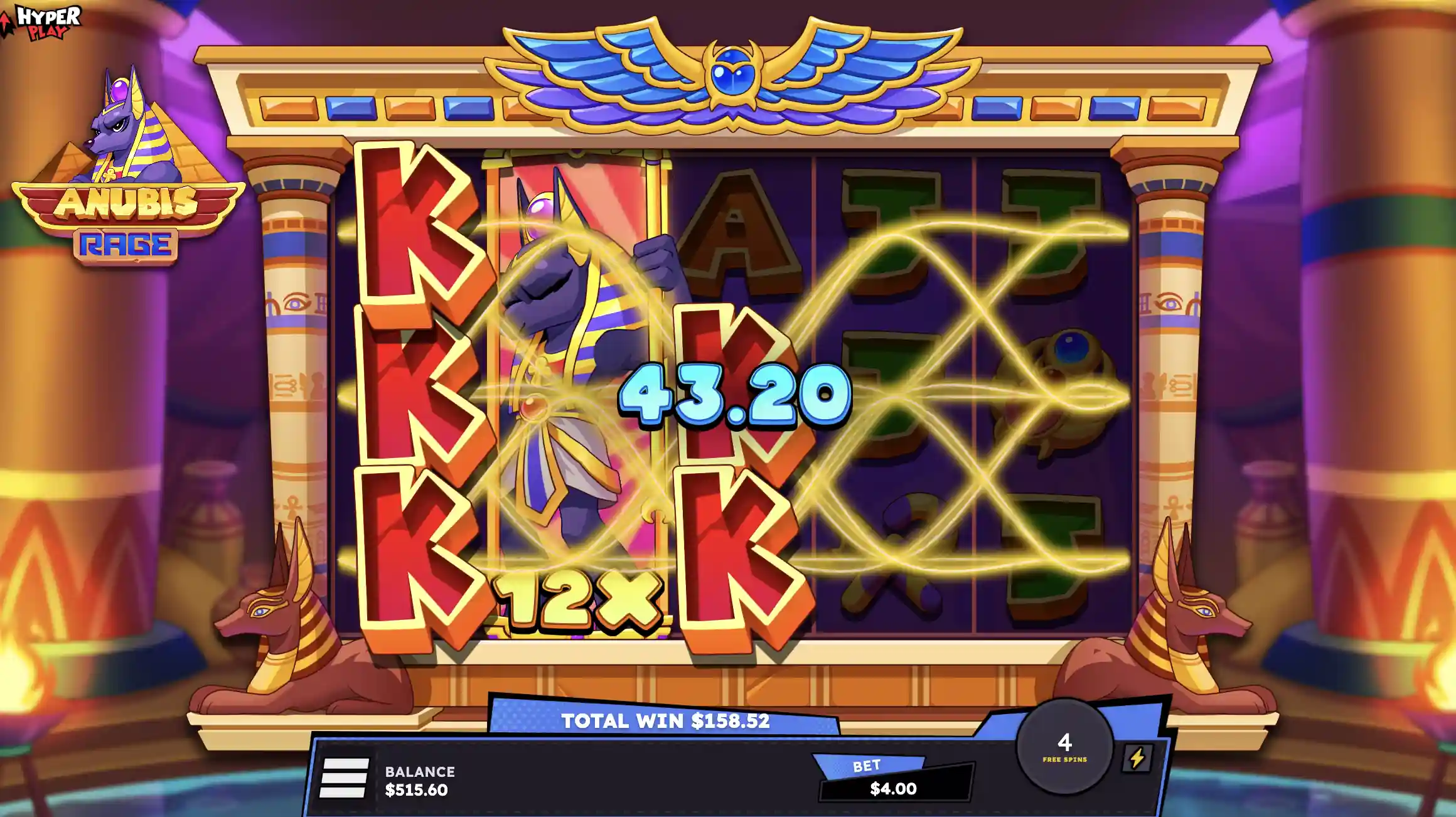 Gold paylines across stacked kings, 12x Anubis
